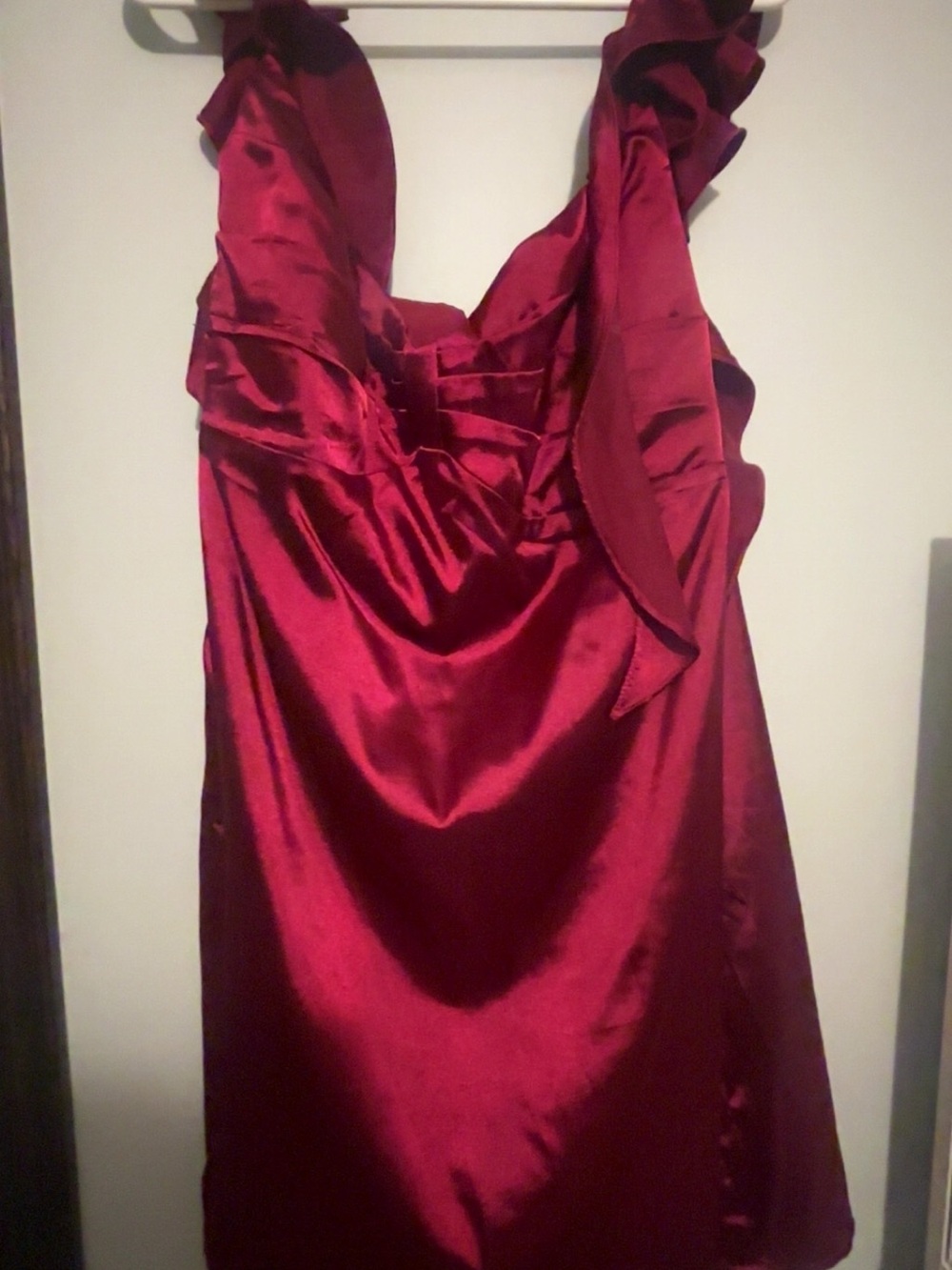 Women's Satin Ruffle Strap Dress in Deep Wine